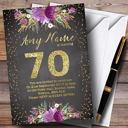 Креда Акварел Пурпурно-Златна Персонални Покани на Парти по повод 70-та годишнина