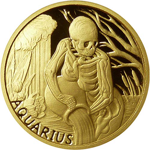 SkullCoins AQUARIUS 1/10 унция на Златния кръг 24-каратово - 2015 Memento Mori Series Zodiac # 1 - Нисък тираж от само 99 парчета