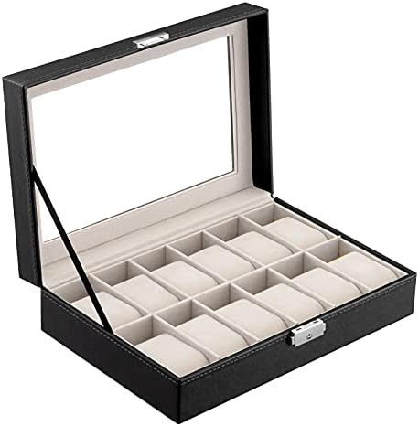 Oyydecor Кутия за часовници от изкуствена кожа Органайзер Калъф за часа, За съхранение и демонстрация на подаръци за мъже и жени на Бизнес (12 слотове-бежово)