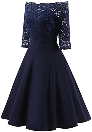 Женствена рокля с флорална дантела, с къс ръкав, отворени рамене, дълги до коленете, реколта рокли-люлка на 1950-те години, един коктейл рокля за сватбени партита