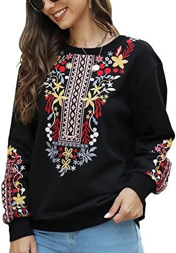 LauraKlein Дамски Блузи с бродерия в стил Бохо, Цветя, Блузи, Ежедневни Пуловер с Дълъг Ръкав, Свободна Мексиканска Блуза С Качулка