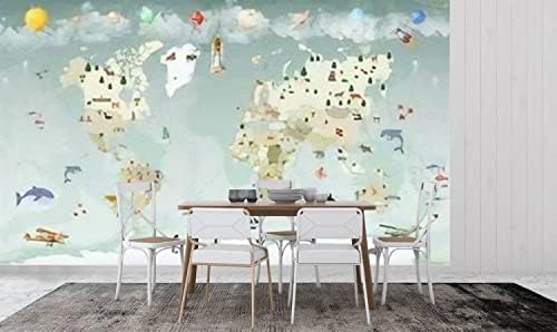 AUHOVIMGZ Ретро Дизайн на Детска Карта на Света, Животните, Растенията Самолети Забележителности Платно Тапети, Самозалепващи