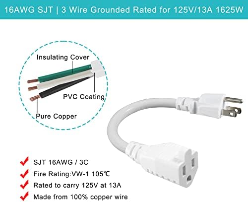 [1 Опаковка] Кратък 3-пинов кабел за удължаване на хранене - Бял с 6-инчов Мини-удължителен кабел за заземяване за помещения,