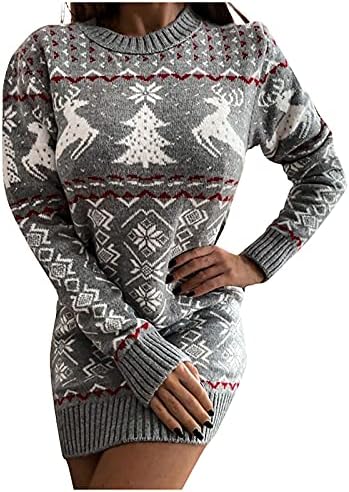 Женствена Рокля-пуловер Миди с Коледните Принтом, Дълга Рокля-пуловер с Джобове, Дрехи-пуловери, Midi, Рокля-пуловер