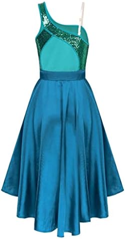 Рокли, Балетное рокля-пакет за жени, Асиметричен подгъва, Балетен костюм за лирични Танци, Съвременни Танцови Облекла (Цвят: Зелен синьо, Размер: код L)