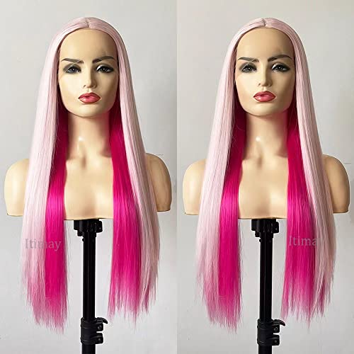 Itimay розова перука Peekaboo с дълга права коса, синтетични перуки на дантели, коса от устойчиви на висока температура влакна за модерните жени