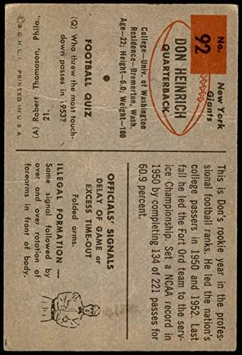 1954 Боуман # 92 Дон хайнрих гард Ню Йорк Джайентс-FB (Футболна карта) ЛОШ Джайентс-FB Вашингтон