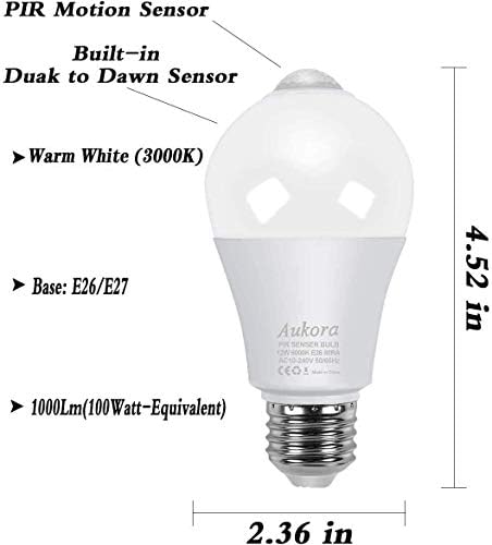 Лампи с датчик за движение Aukora, 4 бр., 12 W (еквивалент на 100 Вата), E26, активируемая движение, от здрач до зори,