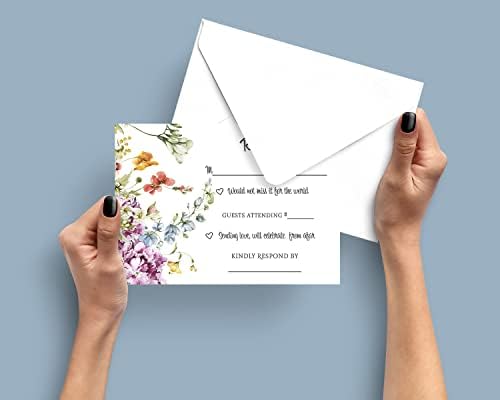 Картички с отговори Прерийните цветя в пликове (25 бр.), поставяне на поканата RSVP за сватба, моминско парти, Абитуриентски,