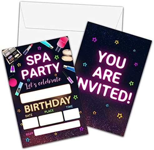 Покани за рожден Ден в спа център в Пликове - Безплатни билети за парти с грим за момичета / момчета - Карти с Неонови