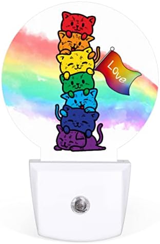 DXTKWL Rainbow Love Pride Cat Кръгли Нощни Лампи, 2 опаковки, Цветни Животни, Котка, Plug-in led нощни лампи, Автоматична
