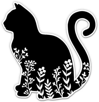 Красива черна стикер с флорални котка - 3 Стикер за лаптоп - Водоустойчив Винил за колата, телефон, бутилки с вода -