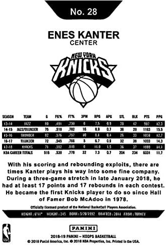 Баскетболни пръстени в НБА 2018-19 28 Энес Кантер, официалната търговска картичка Ню Йорк Никс, направена Панини