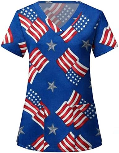 Женска тениска с 4-ти юли, Американското Знаме, Лятна Тениска с Къс ръкав и V-образно деколте, 2 Джоба, Блузи, Празнична