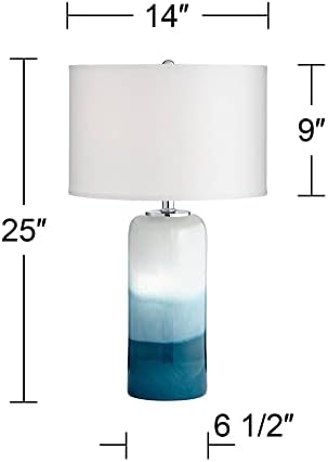 Possini Euro Design Роксана Модерна Крайбрежната Настолна Лампа с Ночником LED 25 Високата Синя Художествена Стъклена Колона Бяла Макара Лампа Декор за Хола Спалня на Дома Но
