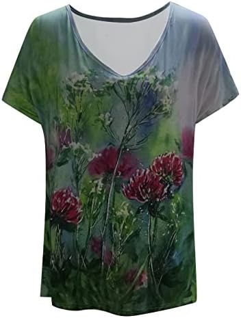 Дамски Памучен Тениска Свободно Намаляване с V Образно деколте и Цветен Модел на Свободния Намаляване за Момичета Лято