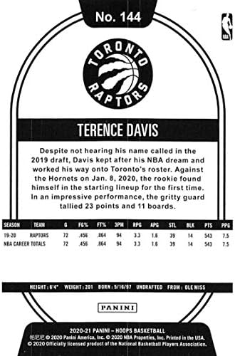 Баскетболно търговска картичка NBA 2020-21 Панини Hoops 144 Терънс Дейвис II Ню Йорк хотели Близо Mint Раптърс
