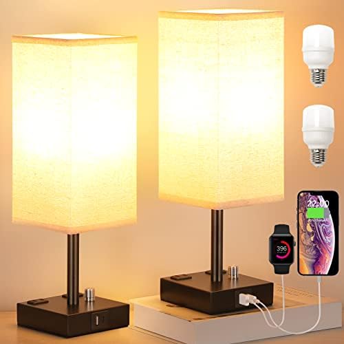 Нощни лампи с регулируема яркост, Комплект от 2 Настолни Нощни лампи с портове за зареждане на USB C + A, 2 розетки на