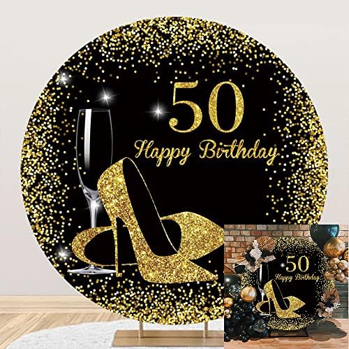 OERJU 7x7ft Честит 50-ти Рожден Ден през Цялата Фон за Жени Черно Златен Блясък Високи Токчета Шампанско Фон За Снимки