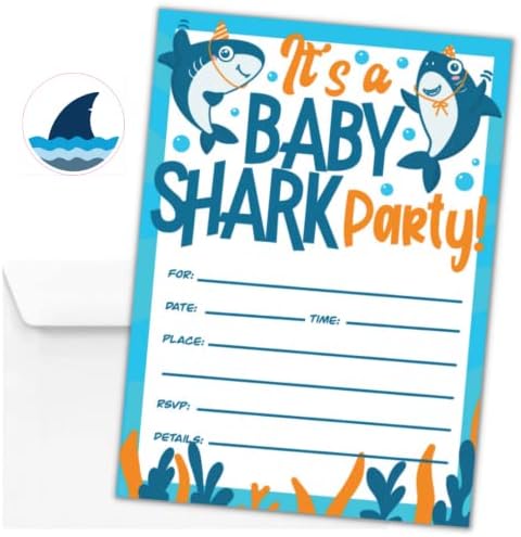Шапка Акробат 30 Покани за малки Акули с Конвертами и стикери - Покани за парти за момичета - Детски Покани за рожден