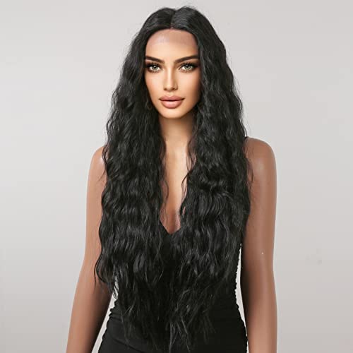 Дълги тъмно-черни перуки за жени, завързана перука, къдрава пластове на косата средната част на