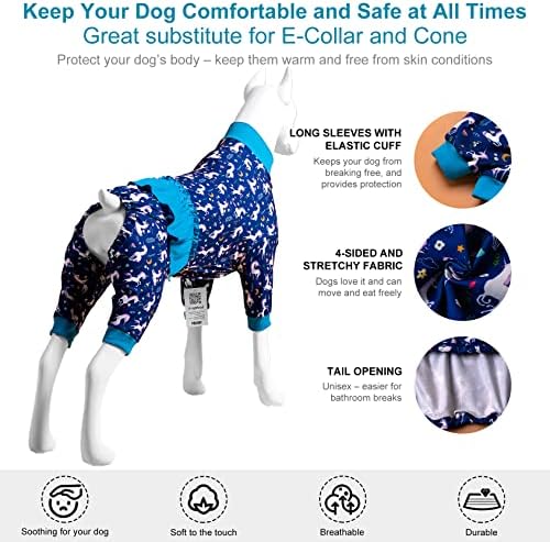 Празнична пижами за кучета LovinPet Тениска за кучета с единорогом, Гащеризон за възстановяване след операция, Синьо-бели