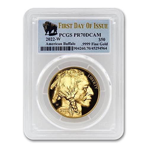 Камея от американското злато Buffalo PR-70 Deep Cameo с тегло 1 унция 2022 г. (PR70DCAM - Първият ден на издаване - лейбъл Bison) на стойност £ 50 на монетния двор на държавата