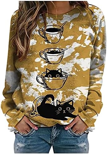 Блузи за Жени, Пуловер с Шарени Хубава Котка, Есенни Блузи с Дълги Ръкави, Всекидневни Подарък за Любителите на Котки,