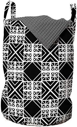 Чанта за дрехи Ambesonne Trellis, Антикварное произведение на изкуството от черно-бели квадратчета с ивици на Тъмен фон, Кошница за дрехи с дръжки, закрывающаяся на шнур, за