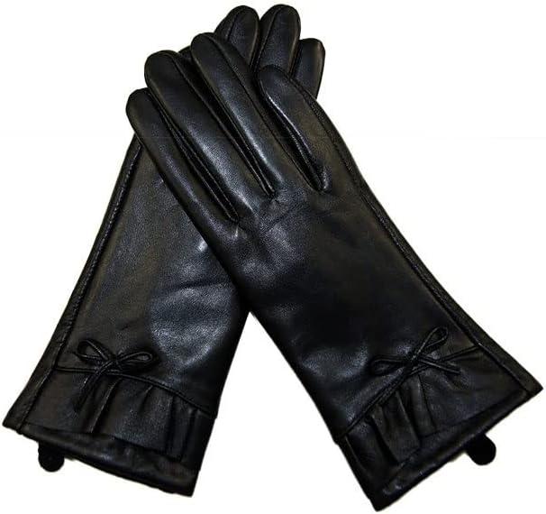 N/A Обикновена Дамски ръкавици в Черен цвят, Топли Зимни дамски Пухени ръкавици с лък, Кожени Меки дамски ръкавици (Цвят: