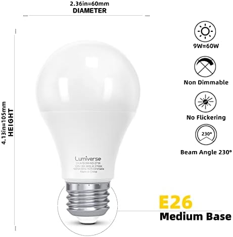 Led лампи Lumiverse A19, 2700k Топло бяла на цвят, 9 W [еквивалент на 60 W] Без регулиране на яркост, светодиодна лампа E26 е в списъка на UL (6 бр.)