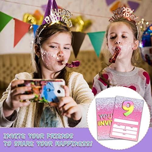 Покани Картички на парти в чест на 9-ти рожден ден - Розово Блестящо покана за рожден Ден, за момичета / момчета - Детски